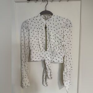AFRM White Polka Dot Tie-Front Long Sleeve Crop Top